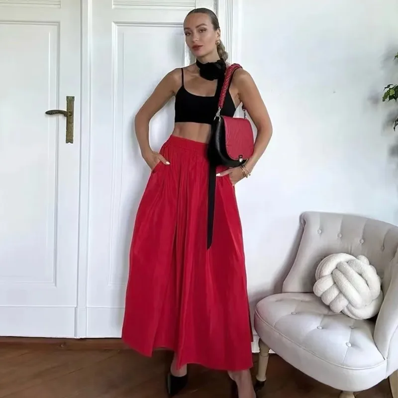 Юбка-миди Женская плиссированная с высокой талией Черная