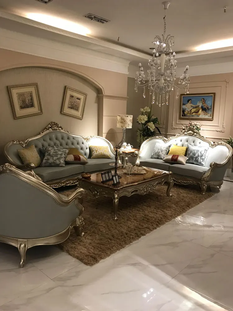 

European style leather sofa living room champagne gold combination solid wood carved villa European style neoclassical furniture