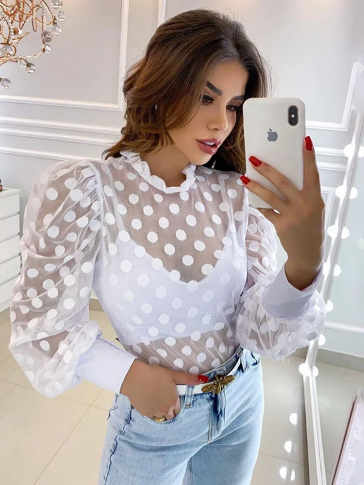 Блузка в горошек с рюшами и пышными рукавами женская элегантная модная вечерние