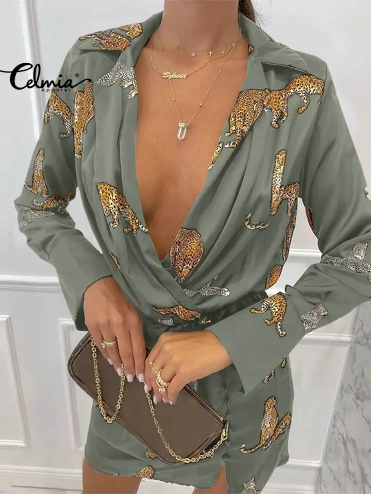 

2022 Celmia Vintage Leopard Tiger Printed Mini Dress Women Sexy Lapel Long Sleeve Party Vestidos Elegant Buttons up Slit Robes