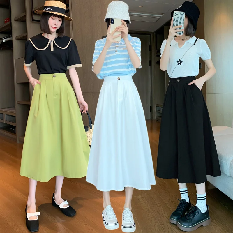 

Fashion Cotton Long Skirt Women 2023 Spring Summer Korean Elastic High Waist A-line Skirt Female Elegant Slim Fit Umbrella Skirt