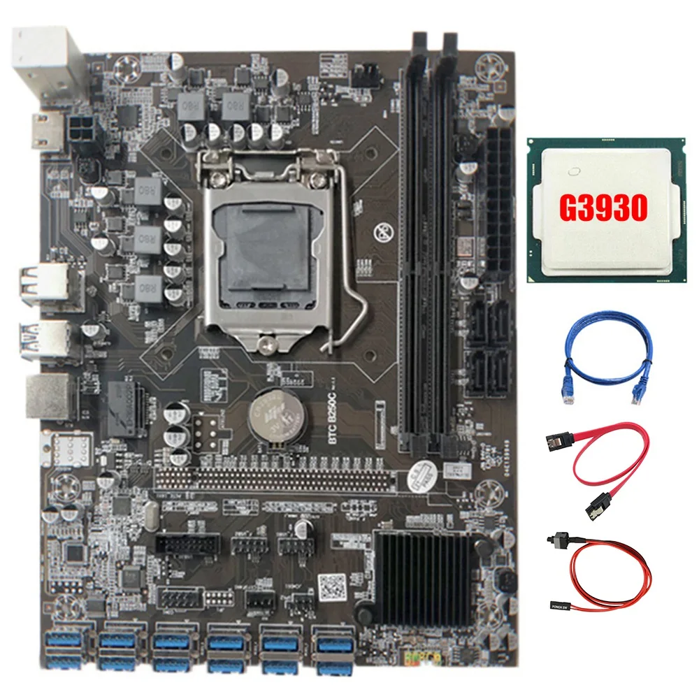

B250C Mining Motherboard with G3930 CPU+SATA Cable+RJ45 Cable 3Meters+Switch Cable 12XPCIE to USB3.0 Card Slot Board