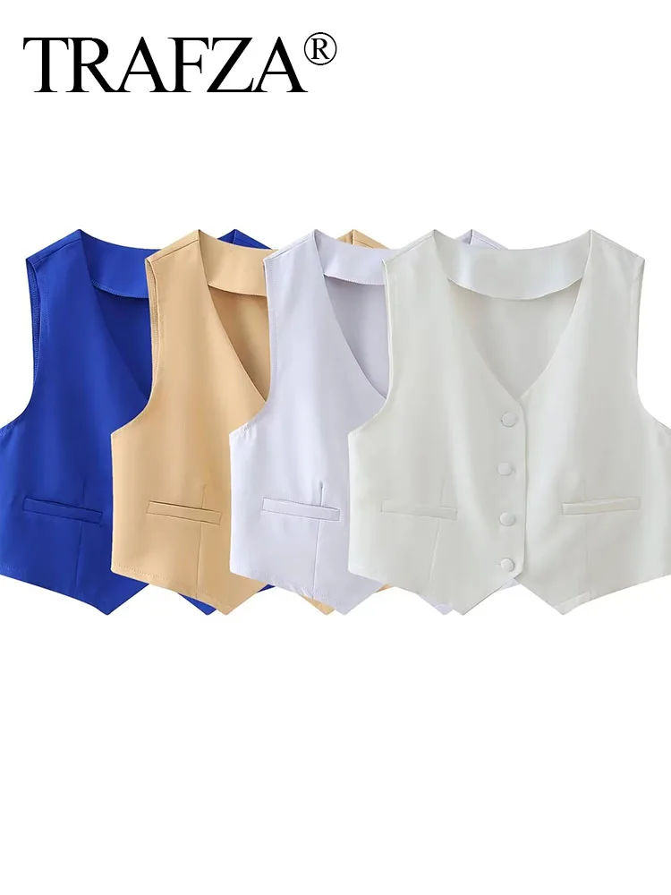 Женский однобортный Топ Без Рукавов TRAFZA свободный однотонный Тонкий с карманами