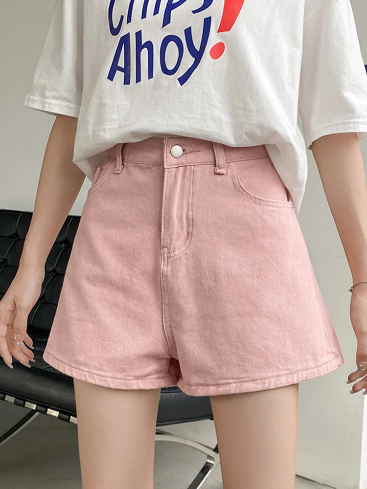 New Spring Summer Women High Waist Wide Leg Pink Denim Shorts Casual Female Button Loose Jeans Shorts Ladies Bottoms