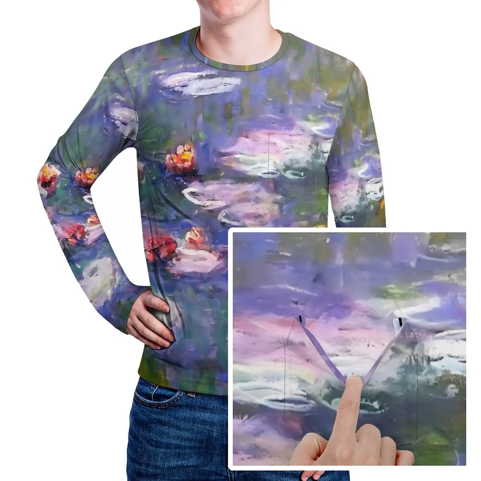 

Water Lily T-Shirt Claude Monet 1916 Men Fashion T Shirts With Pocket Autumn Design Tees Long Sleeve EMO Oversize Gift