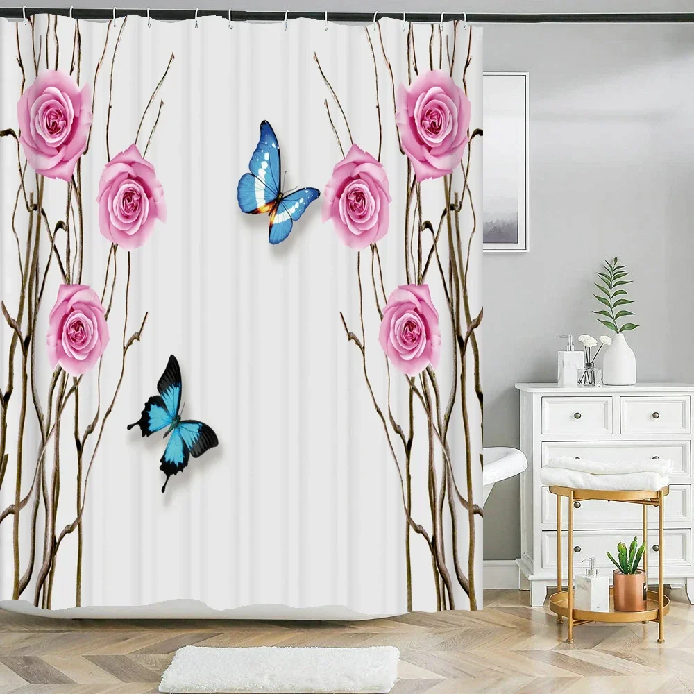 Шторы для душа из полиэстера с принтом в виде розовых цветов и бабочек