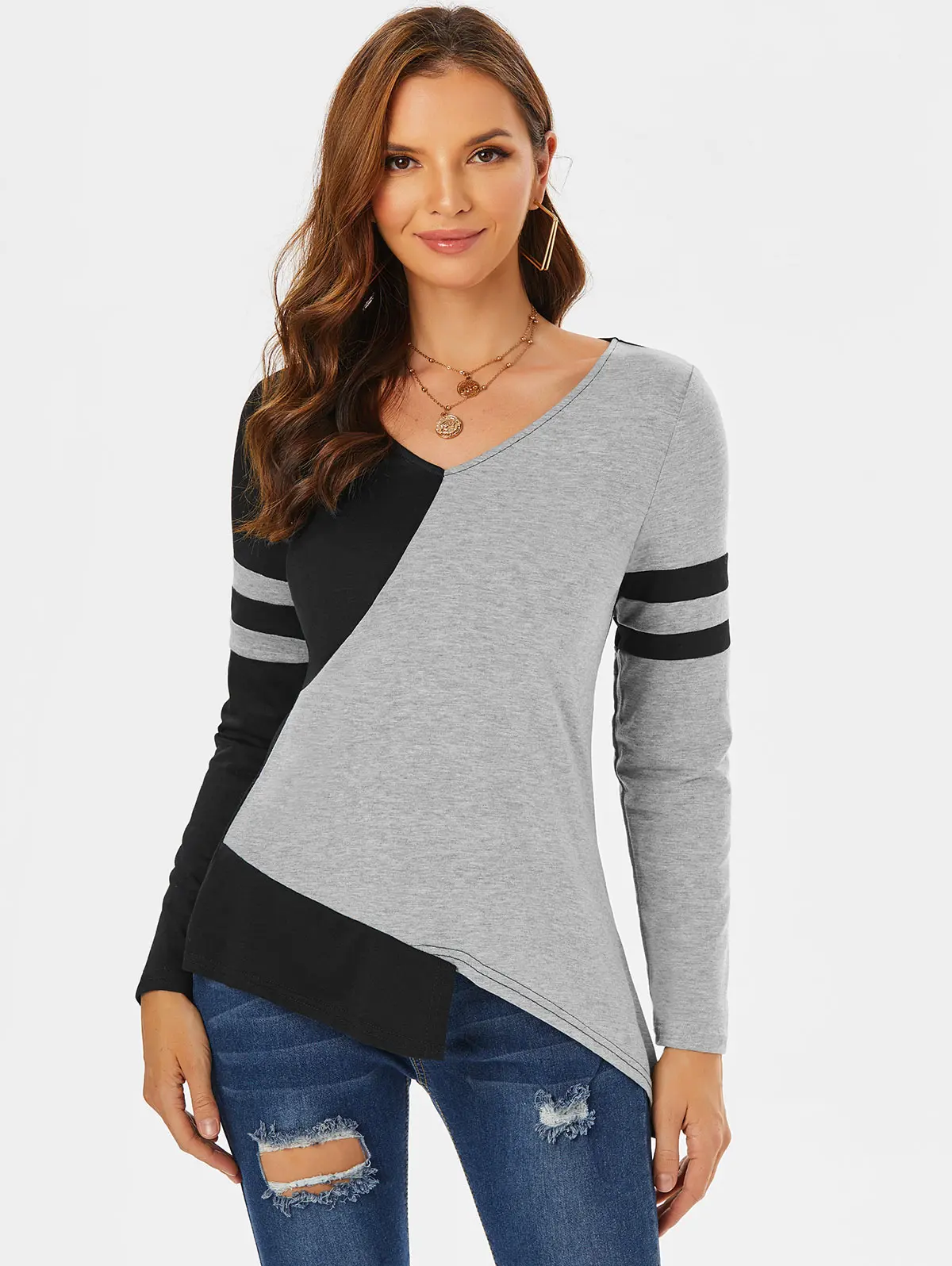 

Асимметричная полосатая контрастная Футболка с v-образным вырезом, женская футболка с длинным рукавом и v-образным вырезом, женские футболк...