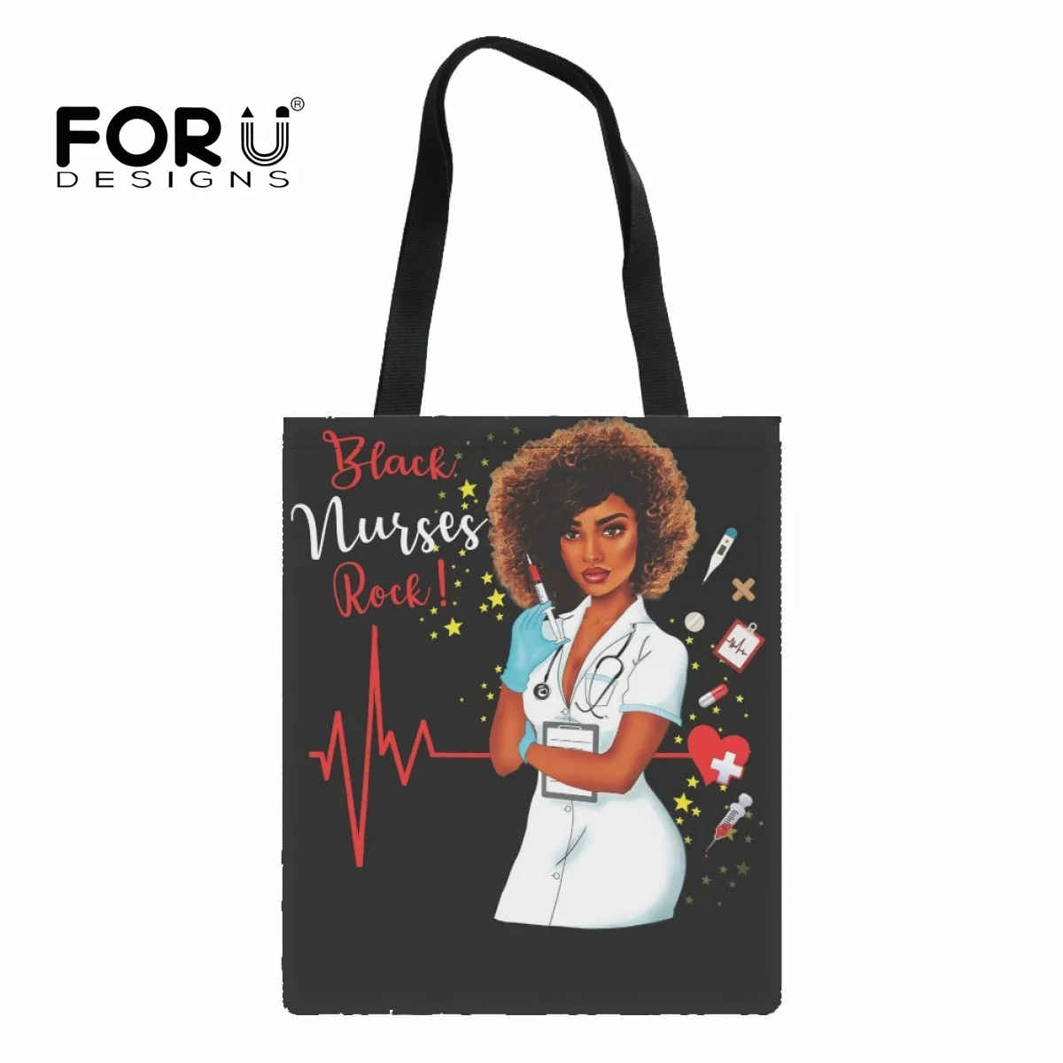 

FORUDESIGNS Women Shoulder Bag Canvas Black Nurse Design Handbag Ladies Casual Tote Bag Reusable Shopping Bag Large Capacity