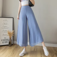 women summer casual solid color wide leg pants 2021 elegant high waist side slit chiffon pant holiday style female loose trouser