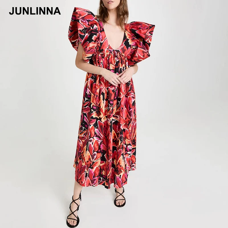 

Женское модельное Платье с принтом JUNLINNA, летнее платье с V-образным вырезом и рукавами-фонариками, Клубное платье в стиле ампир
