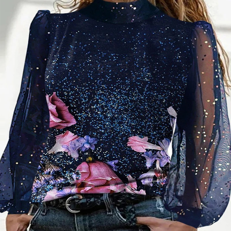 

New Plus Size High-neck Lace Sleeves Stitching Flowers Butterfly Long-sleeved Women's T-shirt Casual Fashion All-match Lady Tops