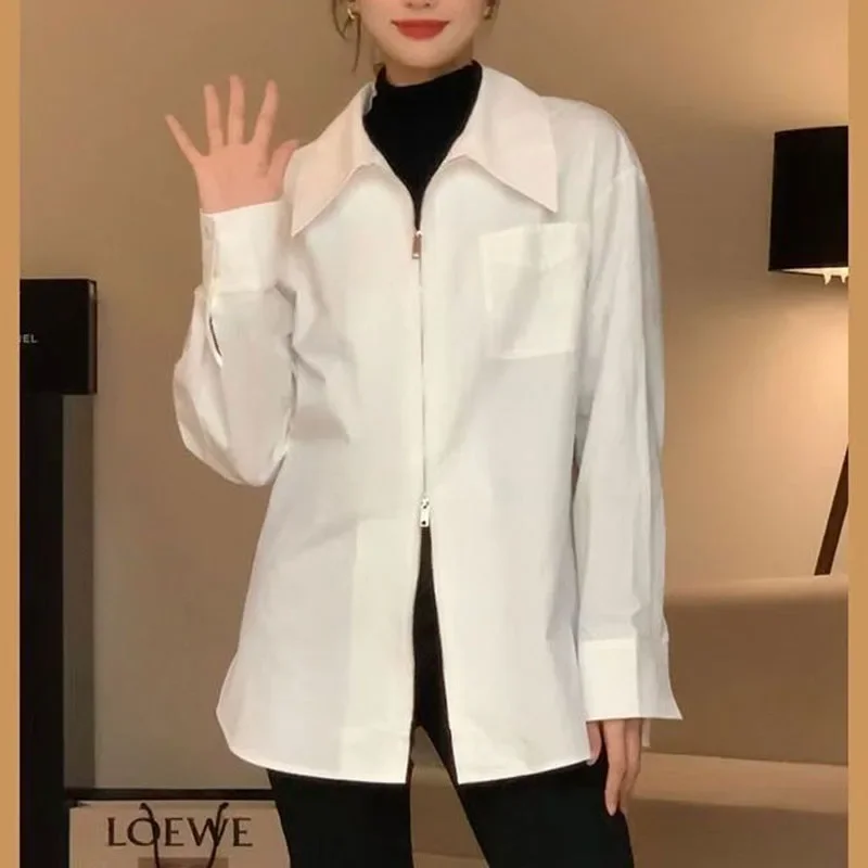 Женская тонкая свободная офисная одежда на молнии с длинным рукавом и отложным