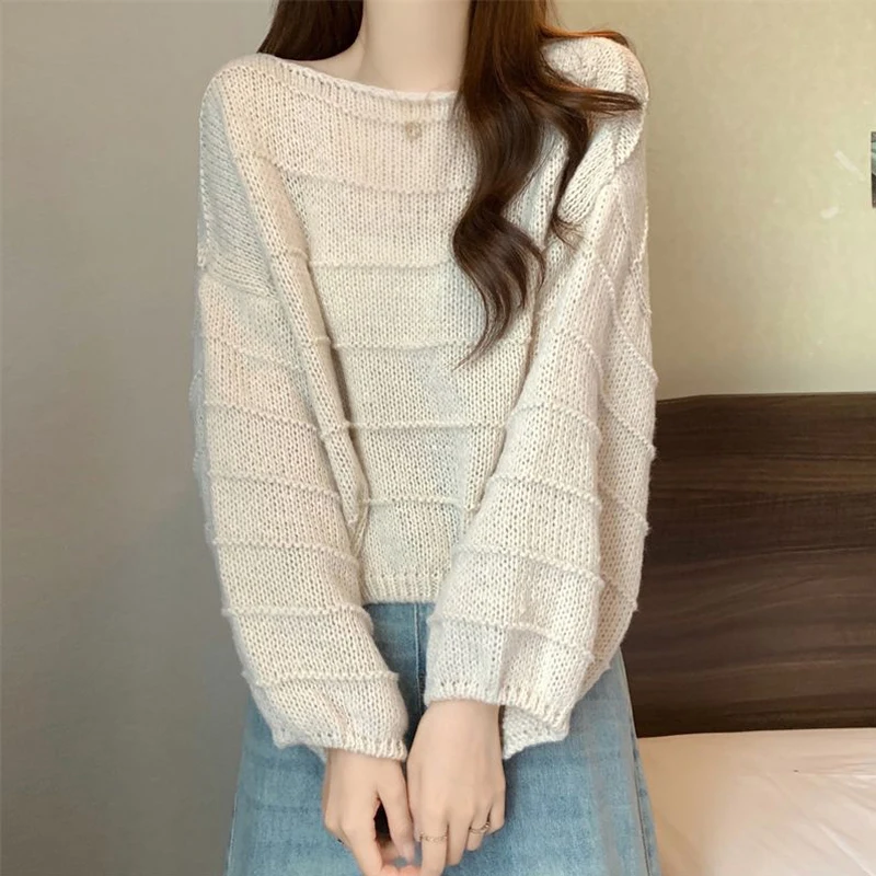 Женский Однотонный свитер в Корейском стиле трикотажные пуловеры с круглым