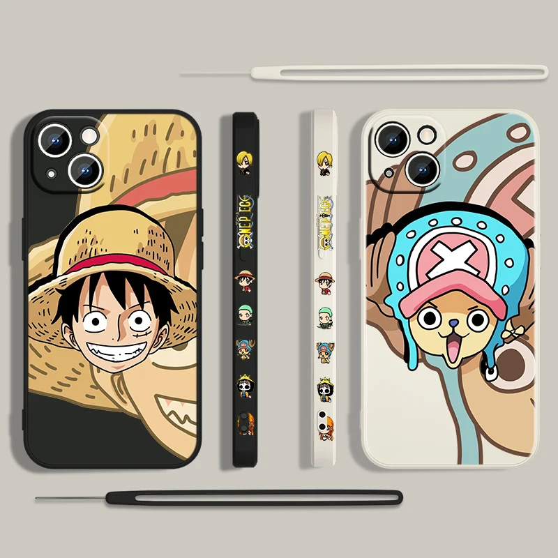 

One Piece Anime Logo For Apple iPhone 13 12 Mini 11 Pro XS MAX XR X 8 7 6S SE Plus Liquid Left Rope Silicone Phone Case Fundas