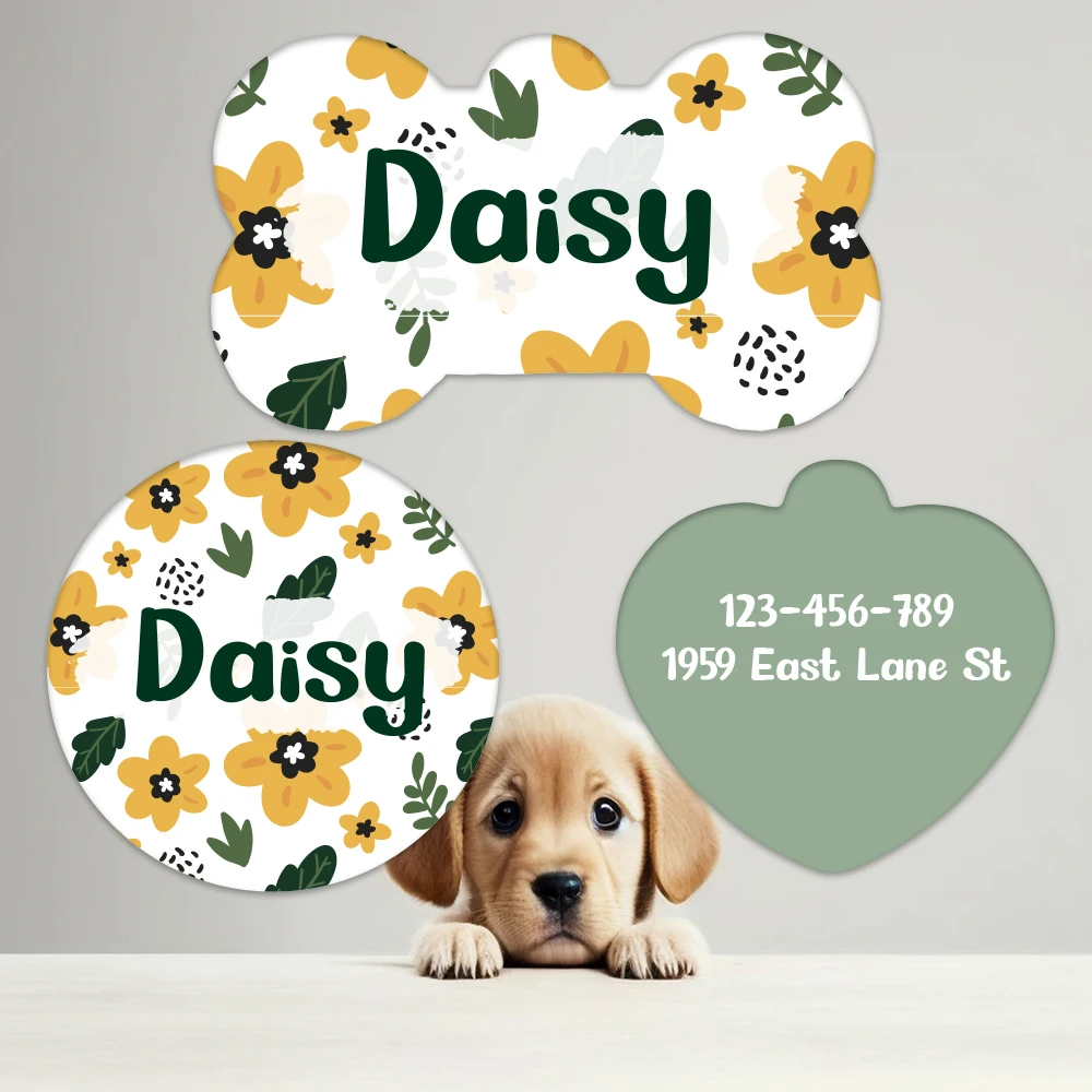 

Floral Dog Name Tags, Personalized Pet Tags for Dogs and Cats Double-Sided Customization, Dog ID Tag with Ring