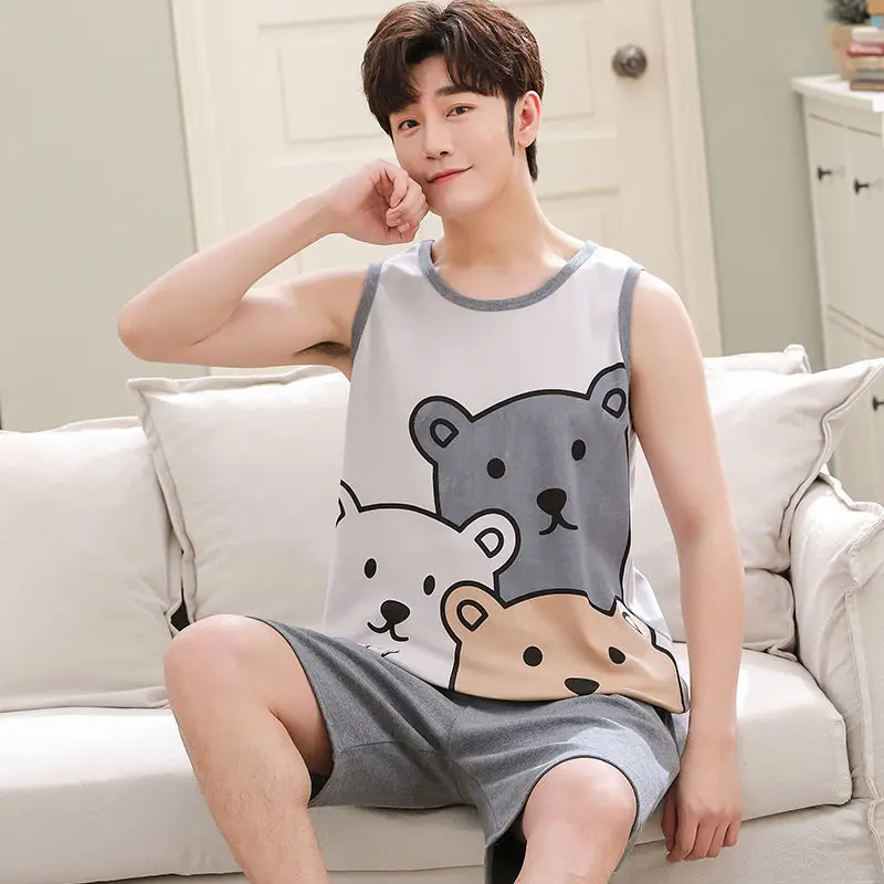 Mens Pajamas Summer Sleeveless Vest 2 Pack Nightwear For Young Boy INS Cartoon Hombre Pijama Mujer Anime Homewear