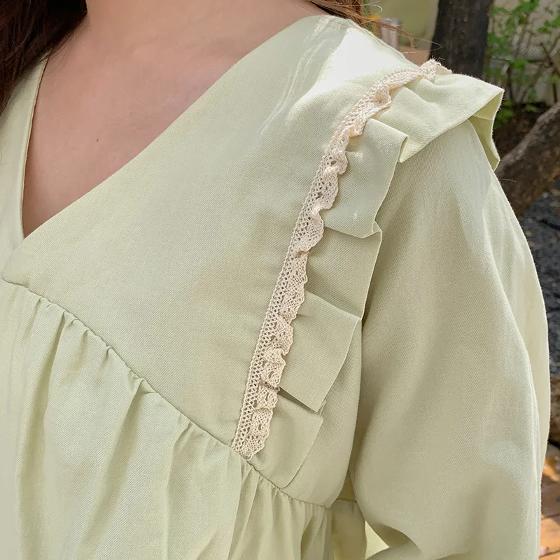 Cotton Pajamas for Women's Summer Thin Cool Feeling Long-sleeved Trousers Ruffled Fresh and Sweet Home Service Suit Loungewear