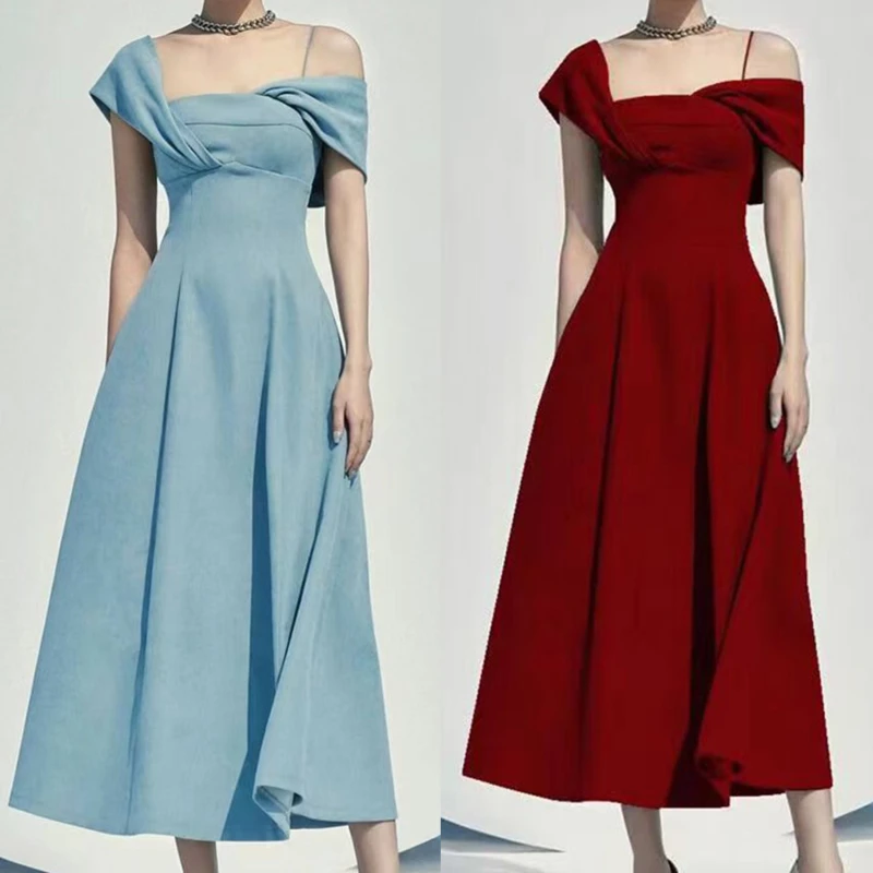 

High Quality Blue Red Party Dress Elegant Women Asymmetry Diagonal Collar Short Sleeve Female Slim Waist Long Vestidos Frock
