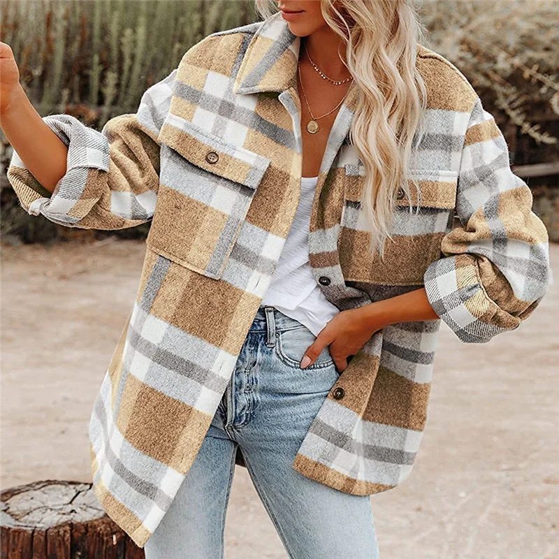 

Striped Plaid Wool Jacket Casual Single Breasted Mid Length Jacket 2023 Autumn Winter Thickened Flannel Wool Ladies Jacket 9859