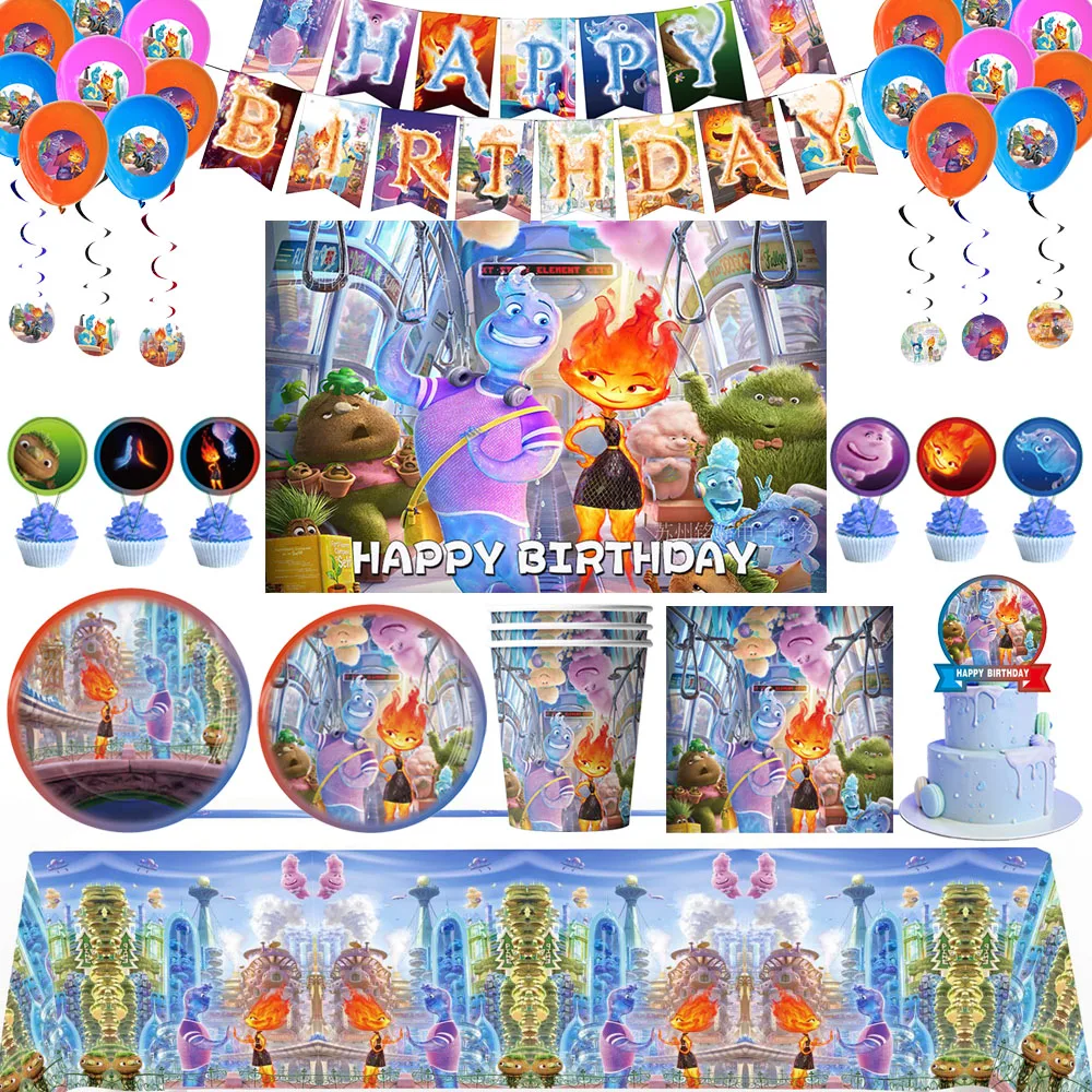 

Cartoon Disney Elemental Wonderful Town Theme Birthday Party Decorative Disposable Tableware Background Baby Shower Kid Boy Gift