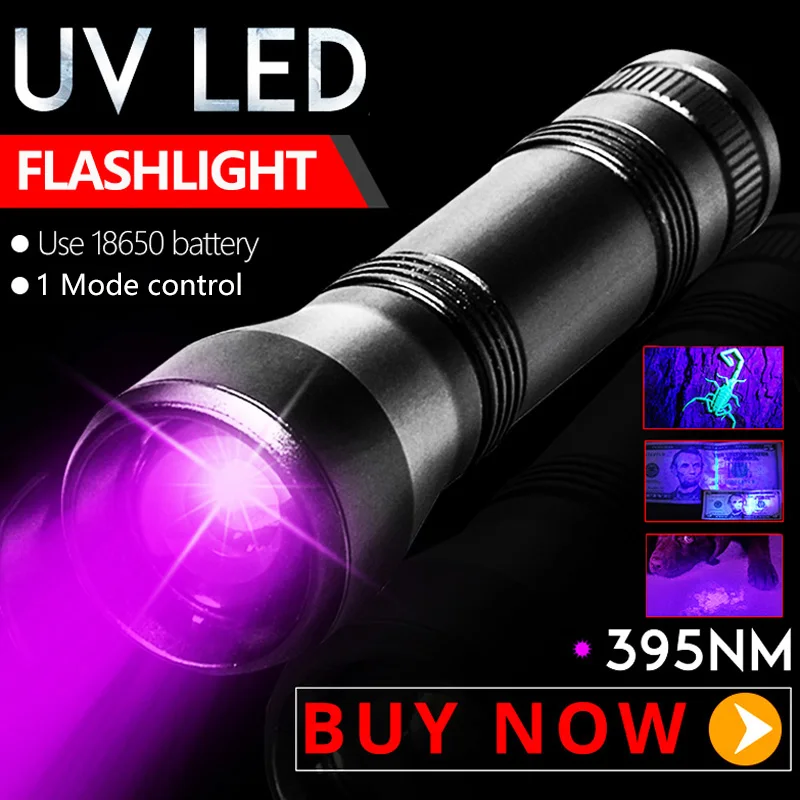 

395nm LED UV Flashlight 18650 1 Mode Ultraviolet Torch T6 Purple Light Rechargeable Zoom Black Light Pet Urine Stains Detector