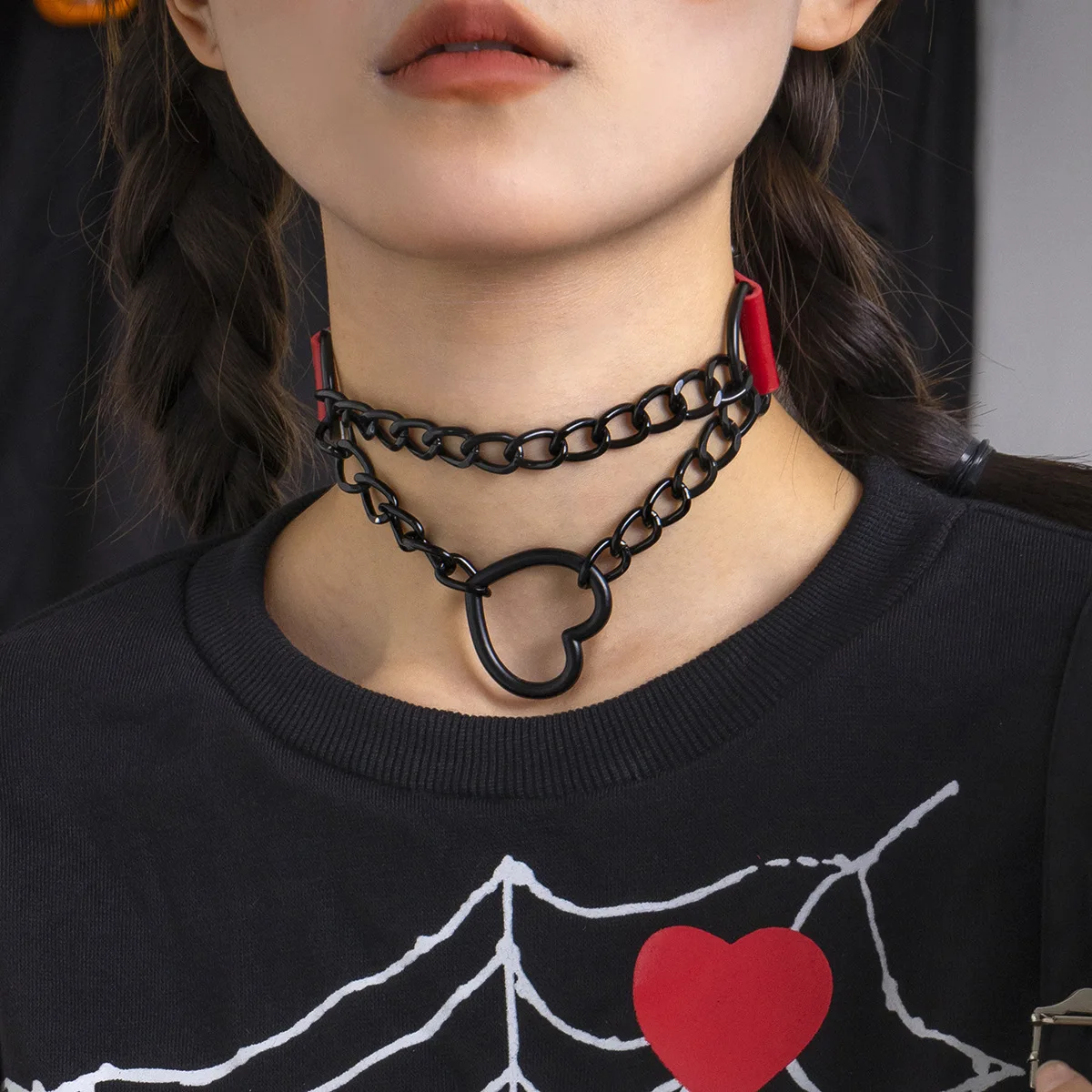 

New Gothic Punk Love Chain Necklace for Women Fashion Retro Halloween Clavicular Metal PU Chain Choker Jewelry Gift Collier