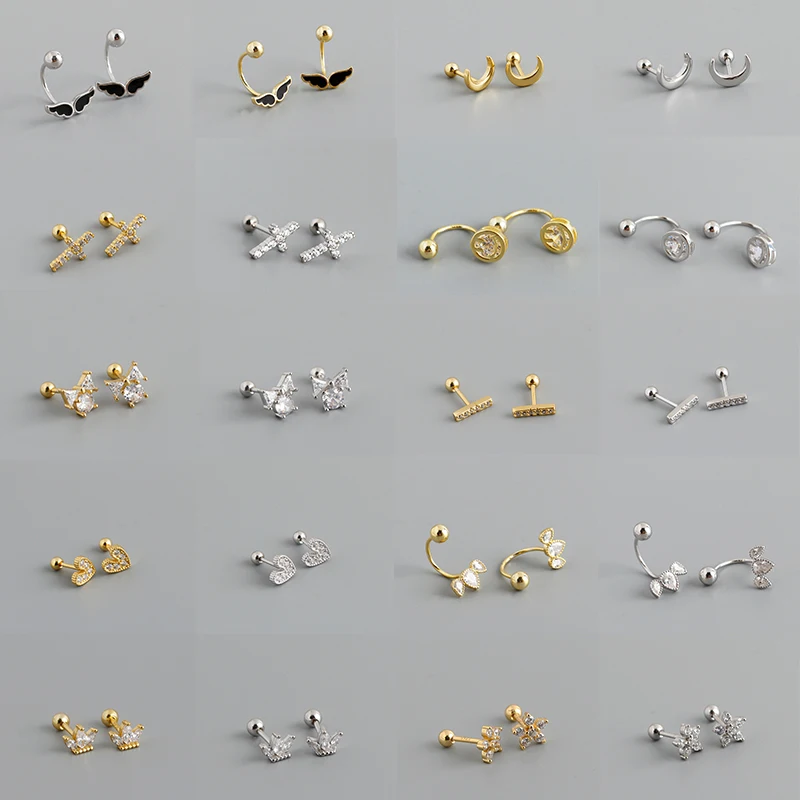 

925 Sterling Silver Geometry Sweet Heart Flower Moon Stud Screw Back Earrings AAA Zircon Stone High Quality for Women Jewelry