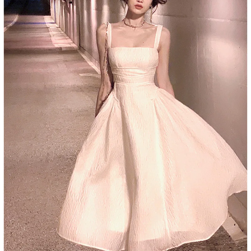 

Женское платье средней длины на тонких бретельках, элегантное однотонное приталенное платье во французском стиле, одежда для выпускного вечера, Новинка лета 2023