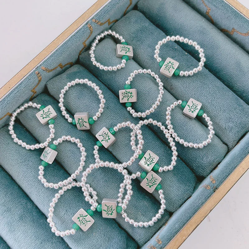 

Facai Ring s925 Sterling Silver National Style Beads Elastic Rope Handmade with Letter Meaning Good Index Finger