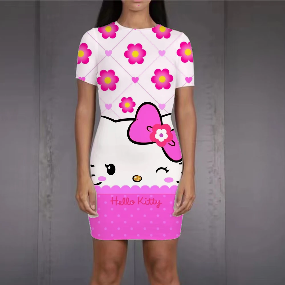 

Boho Short Sleeve Summer Clothing Ladies Sexy Nightdress Hello Kitty Pattern Clothes Sexy Girls Beach Dress Women Sundress