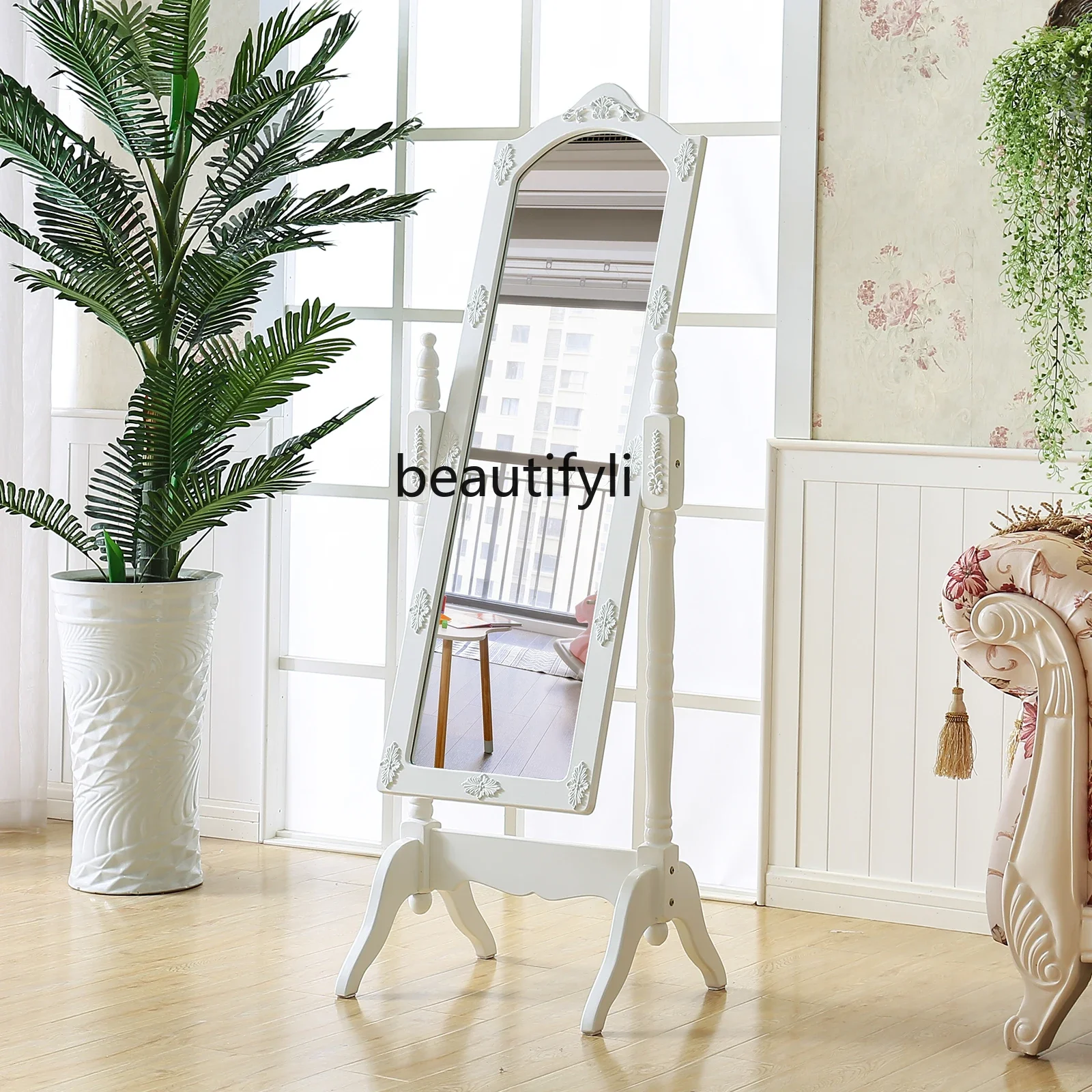 xzEuropean pastoral princess mirror bedroom white floor-to-ceiling rotating square fitting clothing store fulllength mirr