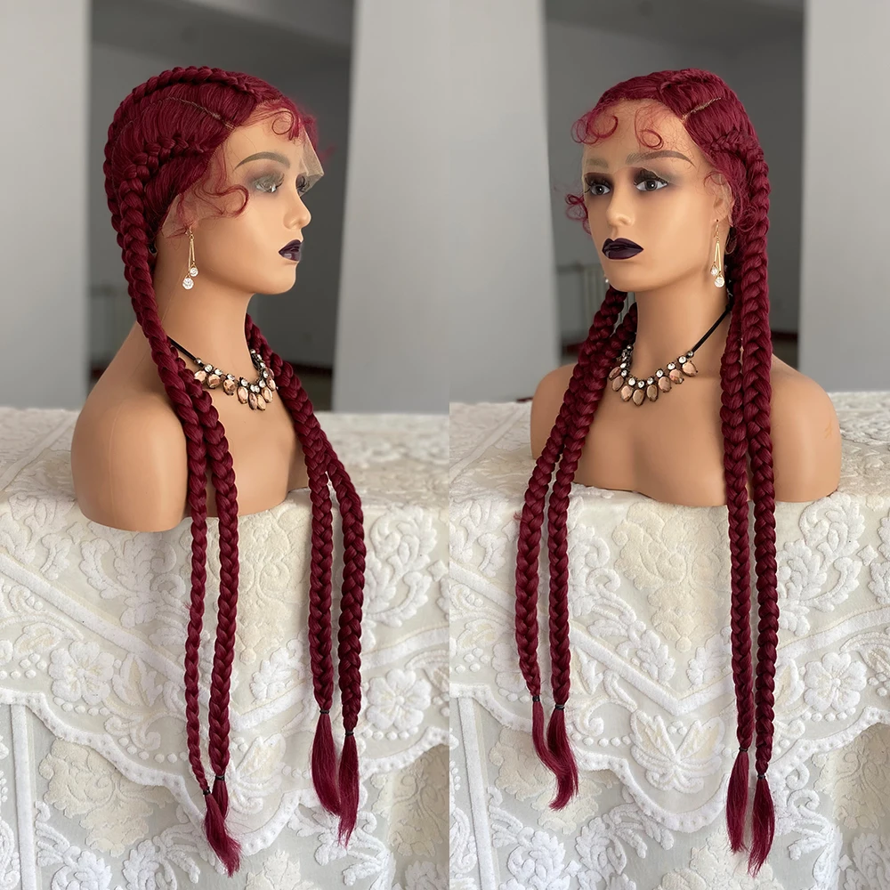 Burgundy Red Color 4 Box Braids Synthetic Lace Front Wig Full Hand Braided Heat Resistant Fiber Hair Lace Wig For Black Women