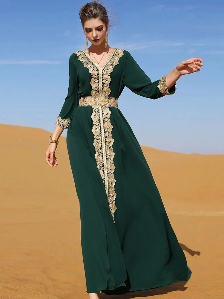 

Lace Trim Kaftan Arabic Long Dress Women Eid Ramadan Belted Muslim Evening Dresses Moroccan Caftan Gulf Jalabiya Dubai Abayas