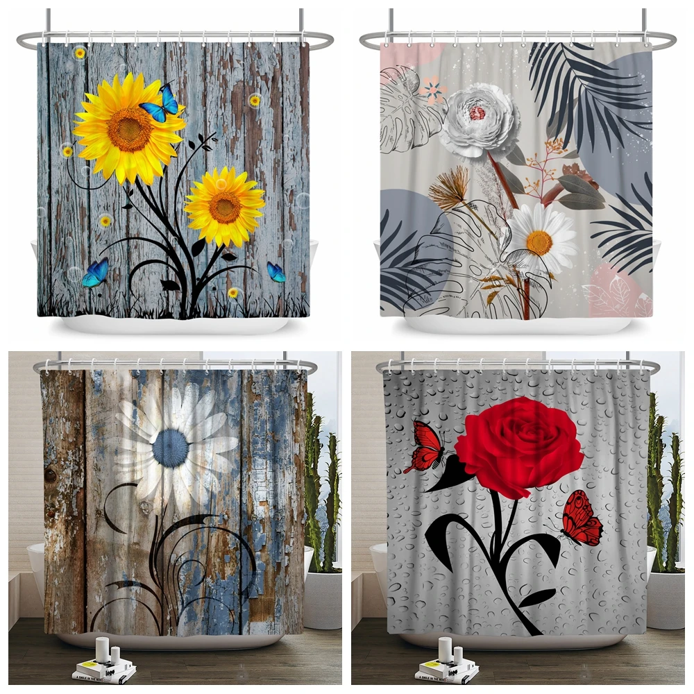 

Flowers Shower Curtain Print Modern Nordic Minimalist Waterproof Polyster Home Decor Bathroom Curtain with Hooks