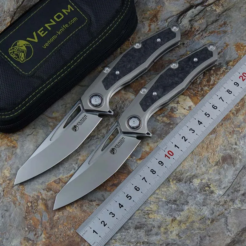 VENOM Lone Ranger Flipper Folding Knife M390 Blade CF/ Titanium Handle Outdoor Camping Hunting Survival Kitchen EDC Tool