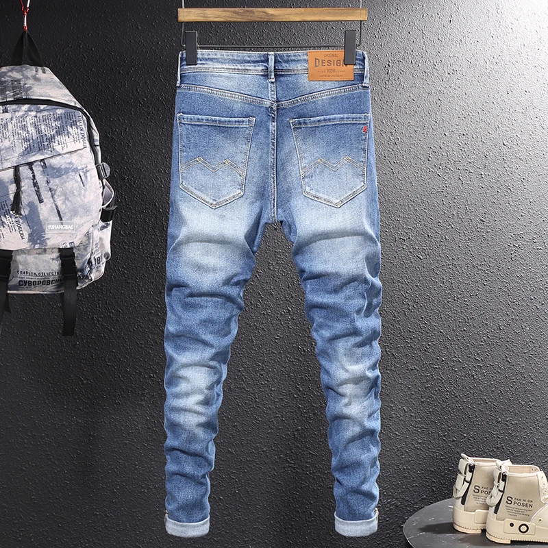 Fashion Designer Men Jeans Retro Light Blue Embroidery Patchwork Ripped Jeans Men Elastic Slim Fit Casual Vintage Denim Pants