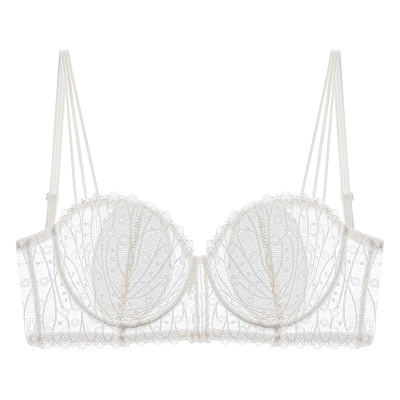 

French Sexy Lace Lingerie Ultra Thin Bra Transparent Underwear Minimizer Bras for Women Embroidery Brassiere A B C Gather Cup