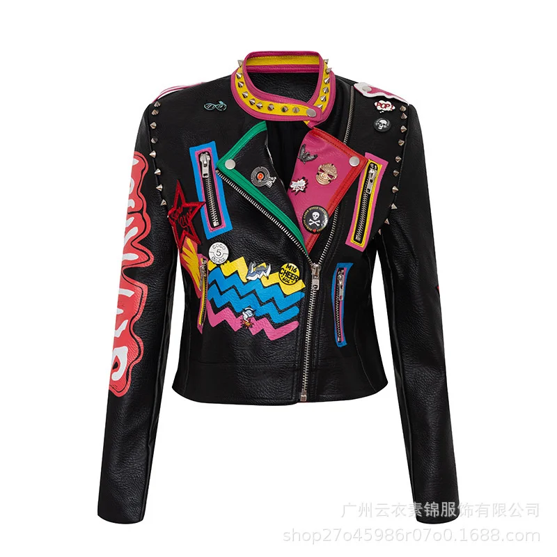 European And American Motorcycle Style Leather Coat, Women'S Graffiti Printing Heavy Industry Jacket, Fashion, Handsome, Persona