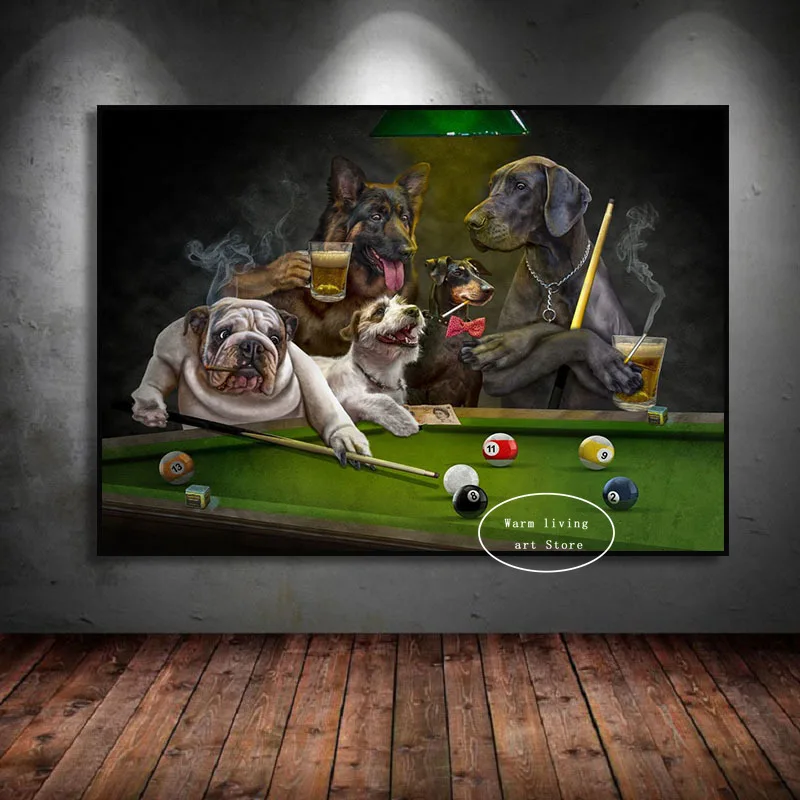 Забавный стиль бульдог собаки играют в бильярд карты для курения сигары