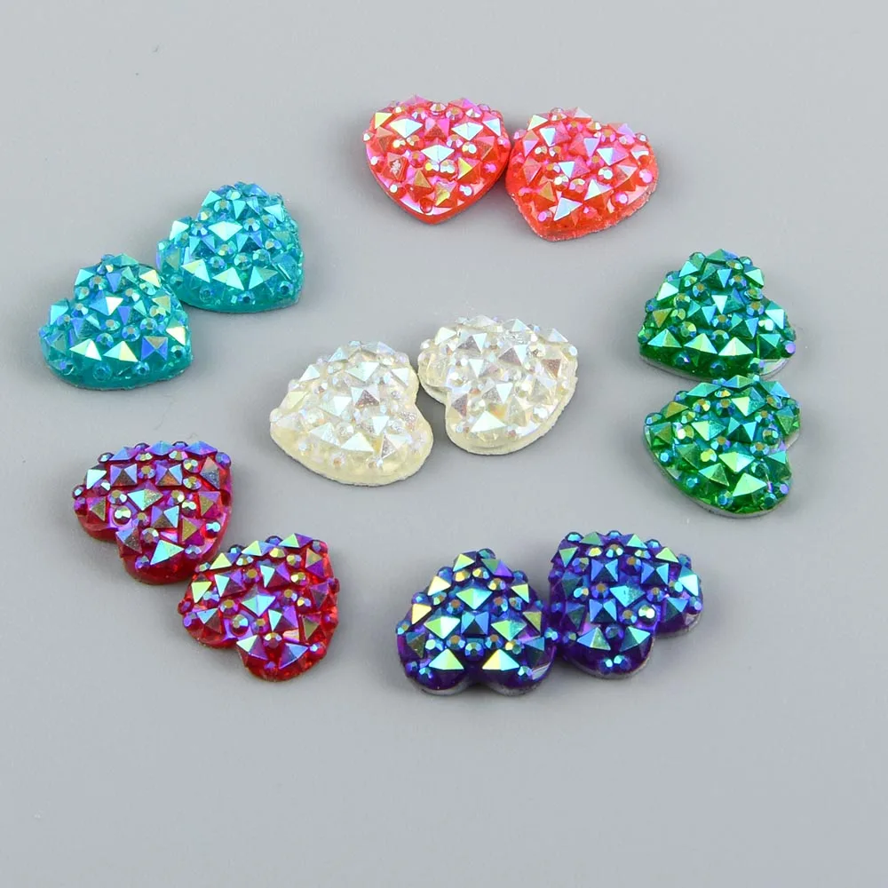 

60pcs 12mm Heart Shape Bump Ore Surface AB Flatback Resin Rhinestone No Hole DIY Wedding Dress Decor Glue-On Clothing Accessorie