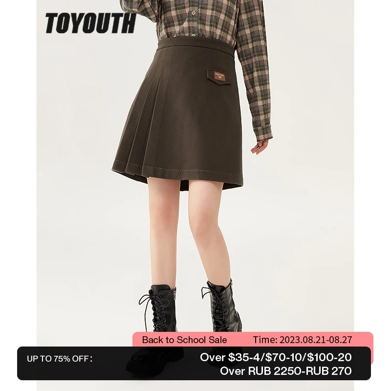 

Toyouth Women Skirt 2022 Winter A Line Back Waist Elastic Loose Coffee Chic Casual Streetwear Short Pleated Skirt