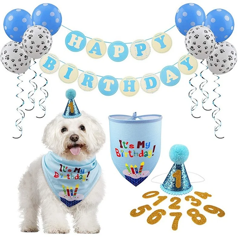 

Pet Hat Saliva Towel Collar Flag Banner Balloon Dog Party Decoration Props Puppy Accessories Grooming Birthday Scarf Set Cap