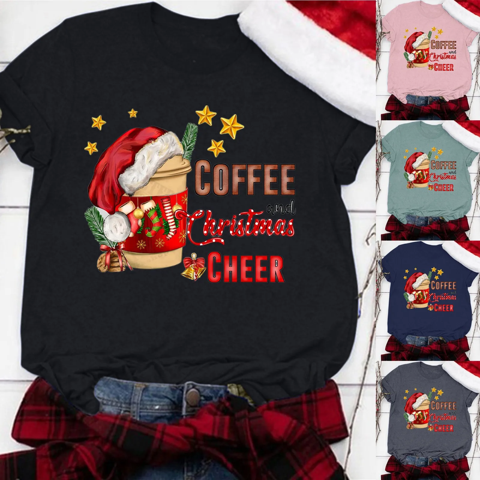 

Womens Christmas Sweet Shirt Coffee Mug Short Sleeve Graphic T Shirt Top Fun Christmas T Shirt Top Casual Raglan Tee