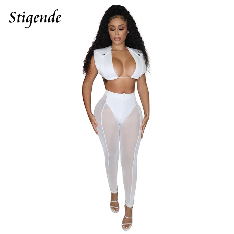 

Stigende Mesh Two Piece Pants Set Women Sexy Club Party Wear See Through Transparent Pencil Trousers and Bandage Crop Tank Top