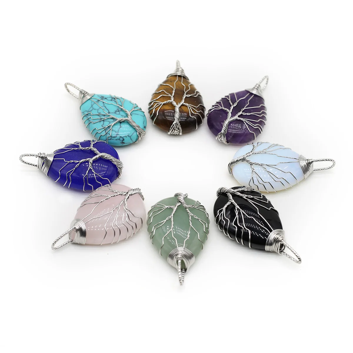 

1Pcs Natural Semi-Precious Stone Metal Silver Copper Wire Life Tree Droplet Shape Pendant For Jewelry Making DIY Accessory