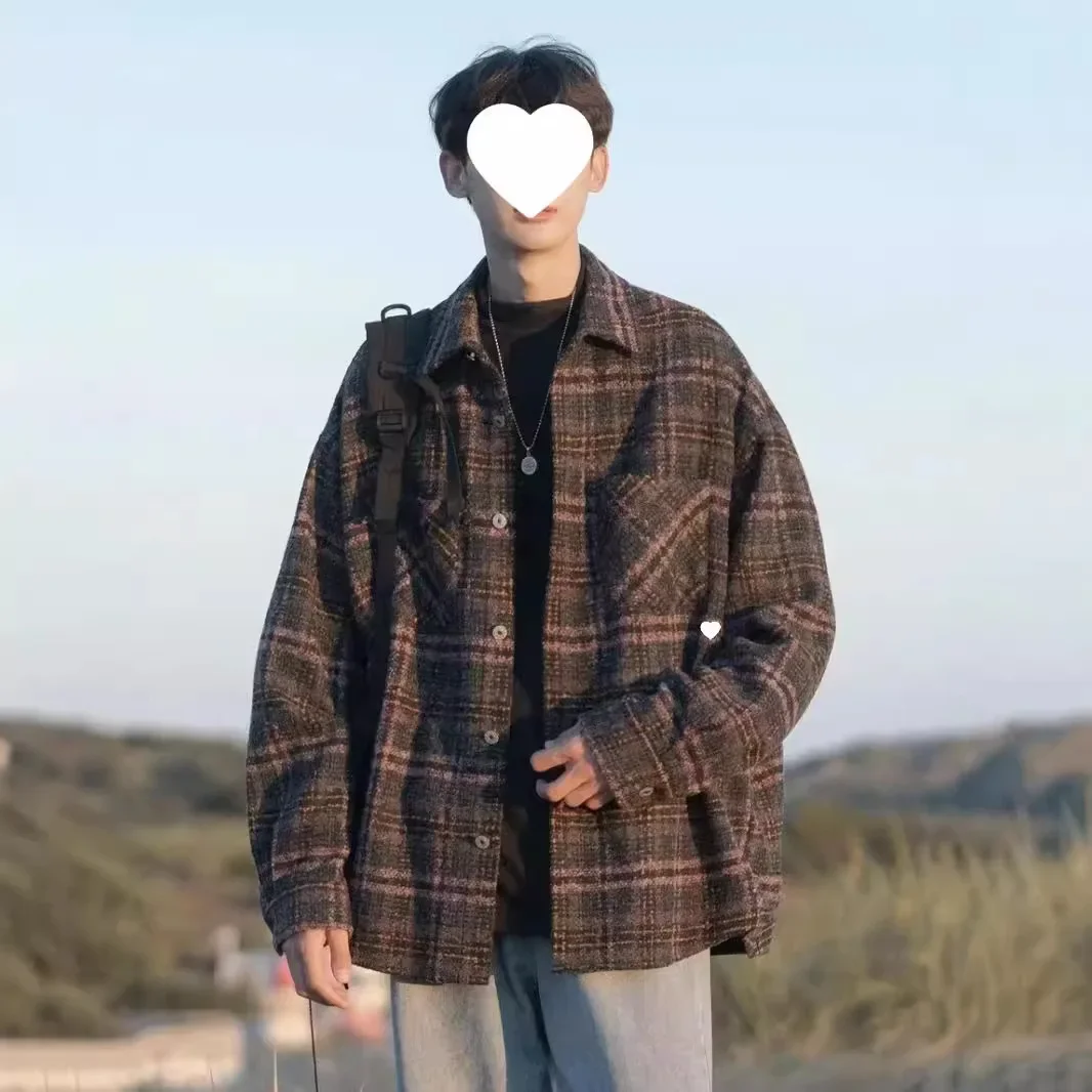 Осень/зима 2023 новая мужская клетчатая шерстяная куртка-рубашка средней длины