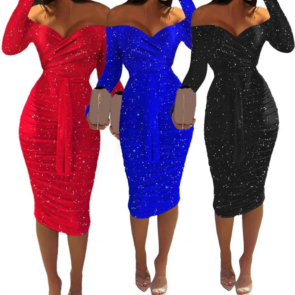 

Lady Dress Contrast Colors Off-shoulder V Neck Slim Fit Spring Sheath Dress for Prom