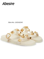 new rivet flat sandals fashion round head curved comfortable beach shoes roman vacation half slippers 2022 summer large size 46