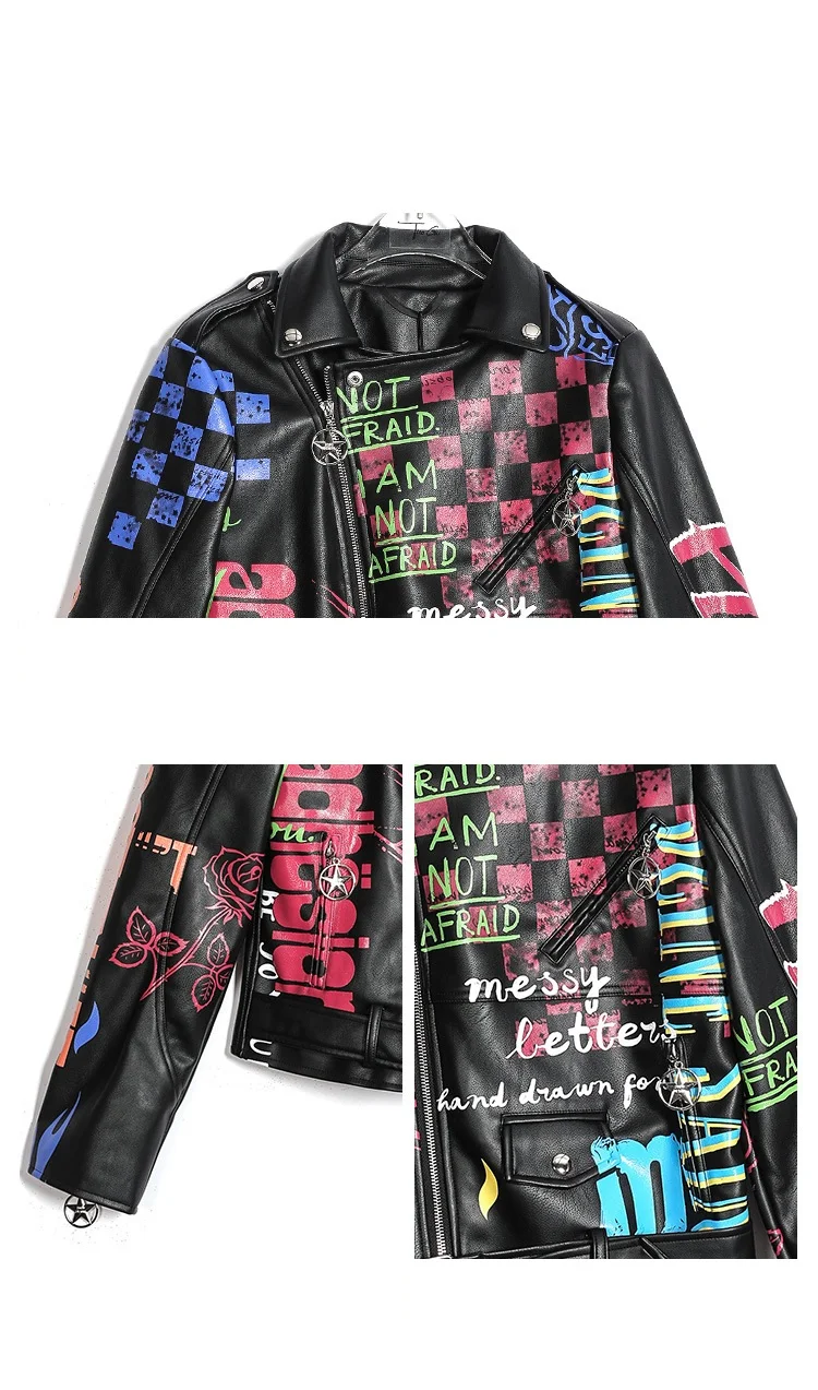 Women's Spring And Autumn Ins Graffiti Jacket Motorcycle Clothing Printing Slim Five-Pointed Star Zipper Leather enlarge