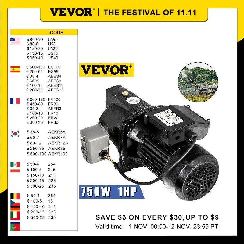 

VEVOR 1HP 750W Water Pump With Pressure Switch 17.6GPM 110V Shallow Well Pump Supply Fresh Well Water Jet Pump For Irrigation